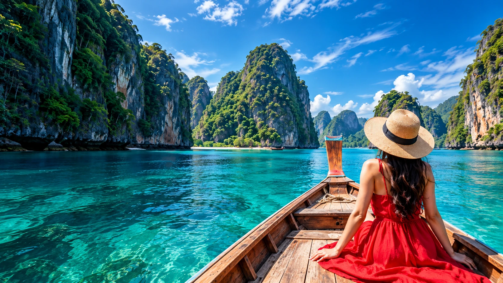 Tropical islands and longtail boat in turquoise water